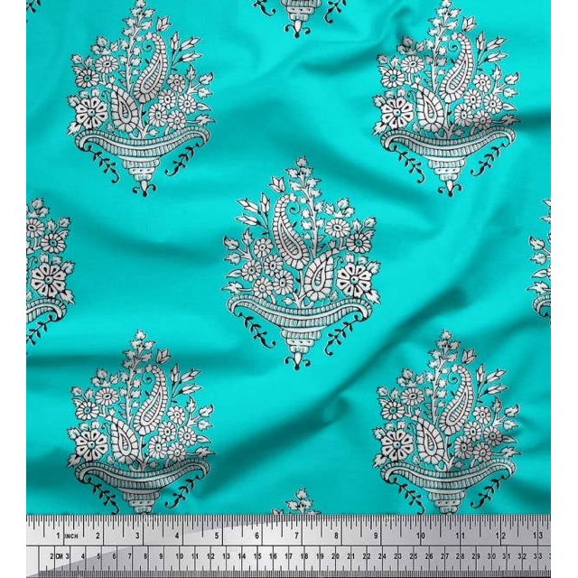 Soimoi Polyester Crepe Fabric Leaves,Floral & Paisley Block Print Fabric by Yard 42 Inch Wide