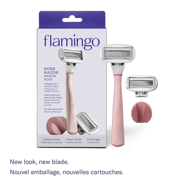 Flamingo 5-Blade Women's Razor in rose with one ergonomic handle, two stainless steel blade refills with aloe and shea butter lubricating strips, and a matching rose shower holder, displayed with packaging highlighting smooth shave and no-slip grip features.