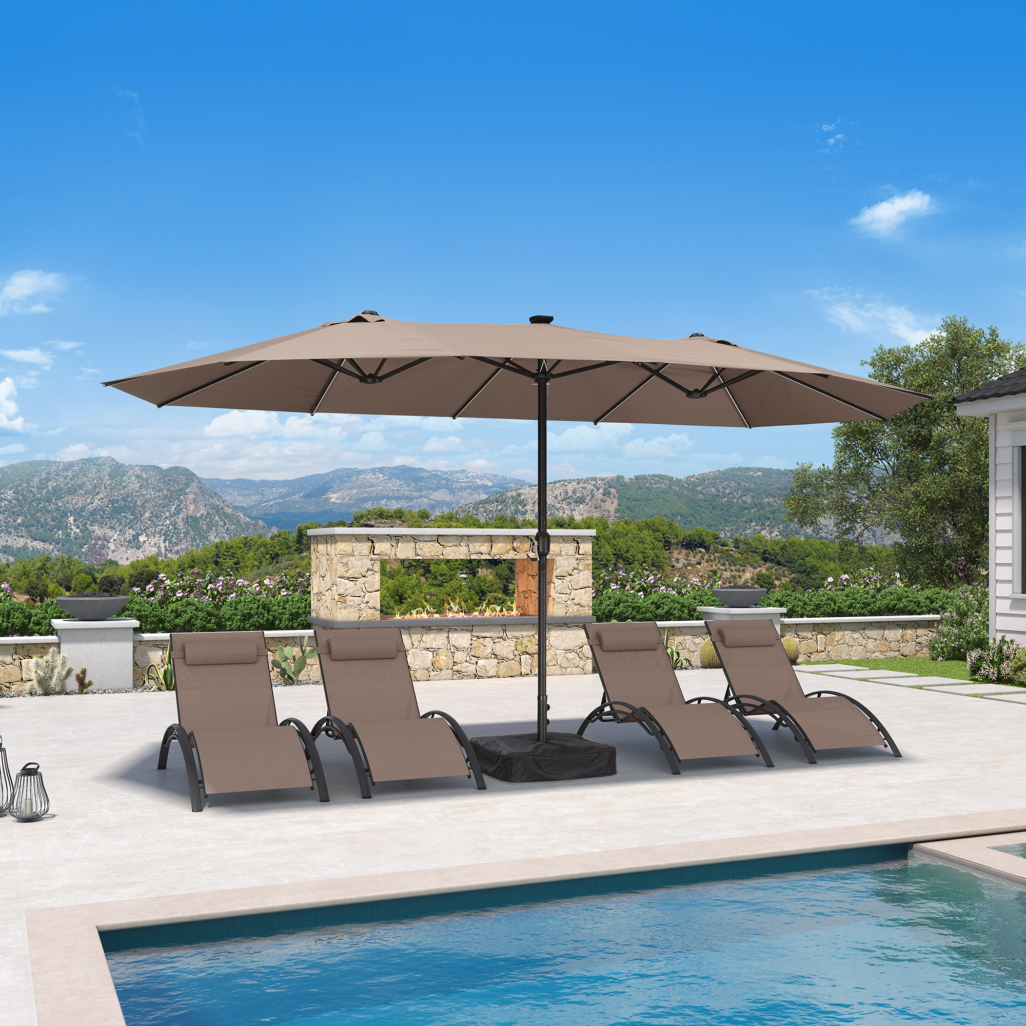 PURPLE LEAF 15ft Market Umbrella with Solar LED and Base Patio Double-Sided Sun Umbrellas for Pool Beach Deck Backyard Taupe