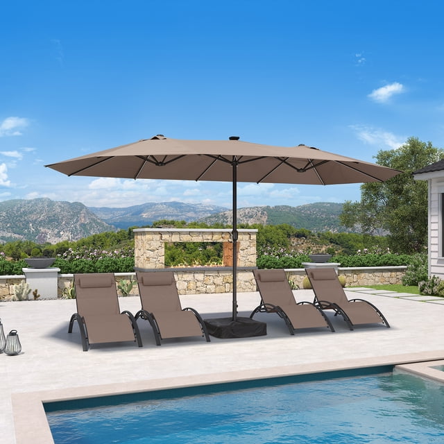 PURPLE LEAF 15ft Market Umbrella with Solar LED and Base Patio Double-Sided Sun Umbrellas for Pool Beach Deck Backyard Taupe