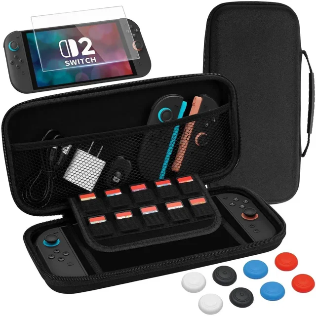 Switch 2 Case Accessories Bundle for Nintendo Switch2 Kit, Protective Switch Carrying Case with 10 Game Card Slot, Screen Protector Tempered Glass and 8pcs Thumb Grips Caps - Black