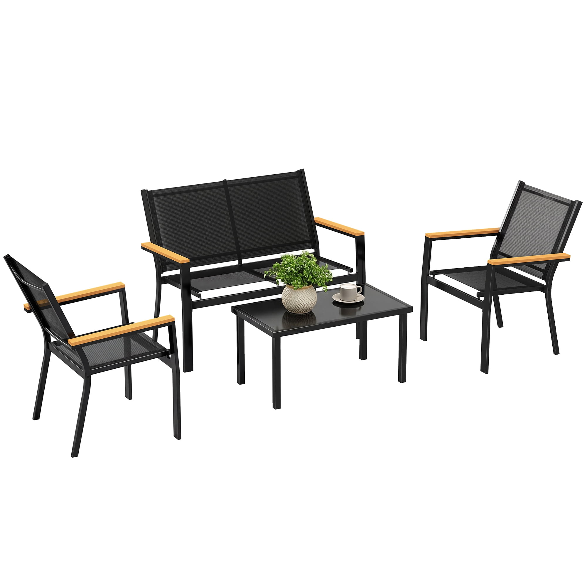 Outsunny Outdoor Sofa 4 Piece Patio Set with Loveseat Glass Tabletop, Black