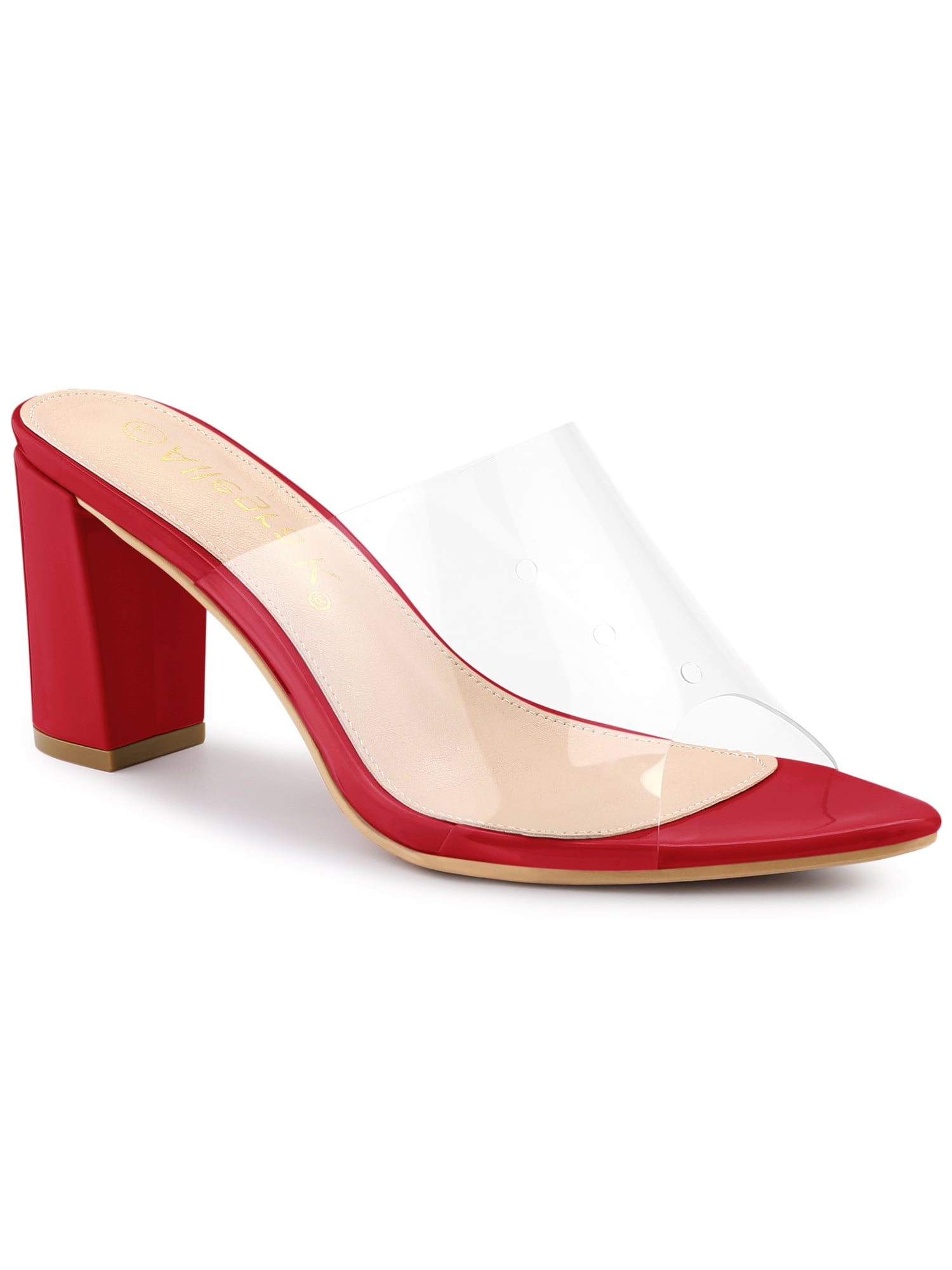 BLISSFUL STEP Women's Clear Point Toe High Block Heel Mules Slides Sandals Red 7