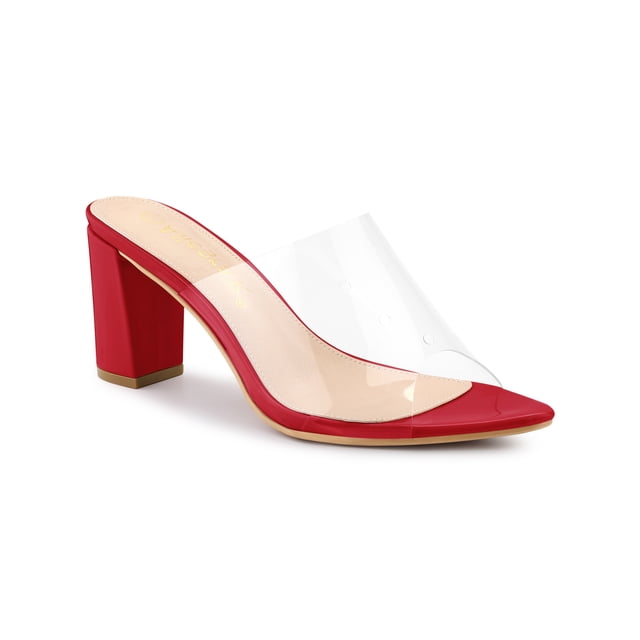 BLISSFUL STEP Mules à Talon Bloc Haut à Bout Pointu Transparent pour Femmes, Sandales à Enfiler Rouges 7