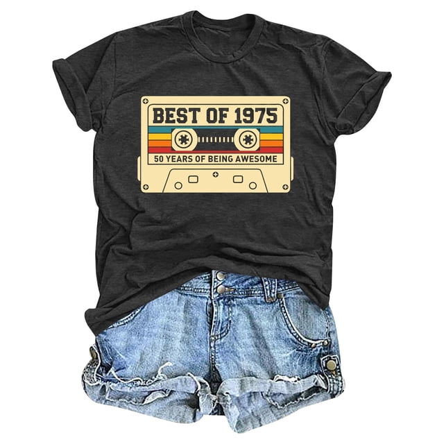 T-shirt Commémoratif à Imprimé Floral 1975 pour Femmes, Col Rond Décontracté, Manches Courtes, Haut pour Fête d'Anniversaire