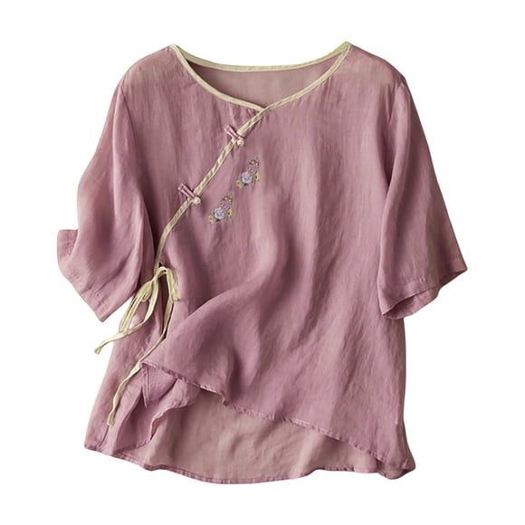 LUOGENLI Female Shirts Ladies Fashion Casual Cotton and Linen Embroidery V Neck Seven Point Sleeve Comfortable Loose T Shirt Top Vintage T-shirts for Women Graphic Tee St. Patrick's Day Purple L/3