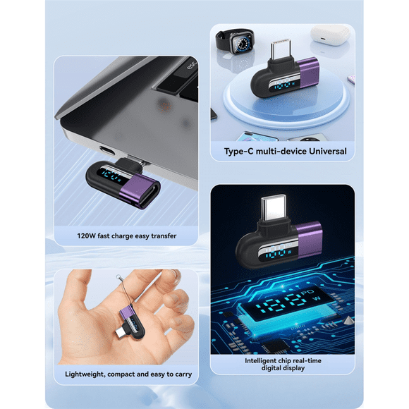 6A Digital Display Type C to Type C OTG Adapter for 120W Fast Charging USB C Cable USB2.0 Connector Black