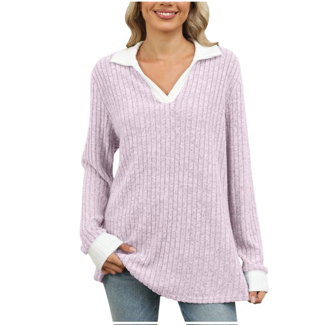 AherBiu Womens Tops Ribbed Knitted Long Sleeve Trendy Loose Tops Comfy Fall Collared Shirts Blouses