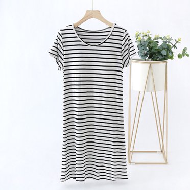 Sakmal Grande Taille Moo Moos pour Femmes Court Coton Noir Chemise de Nuit Légère Manches Courtes Nuisettes Rayées pour Femmes