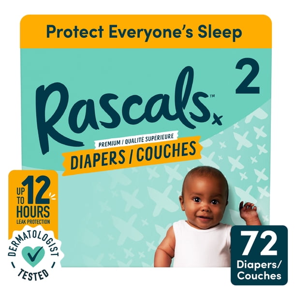 Rascals Premium Absorbent Baby Diapers, Size 2, Small Carton, 72