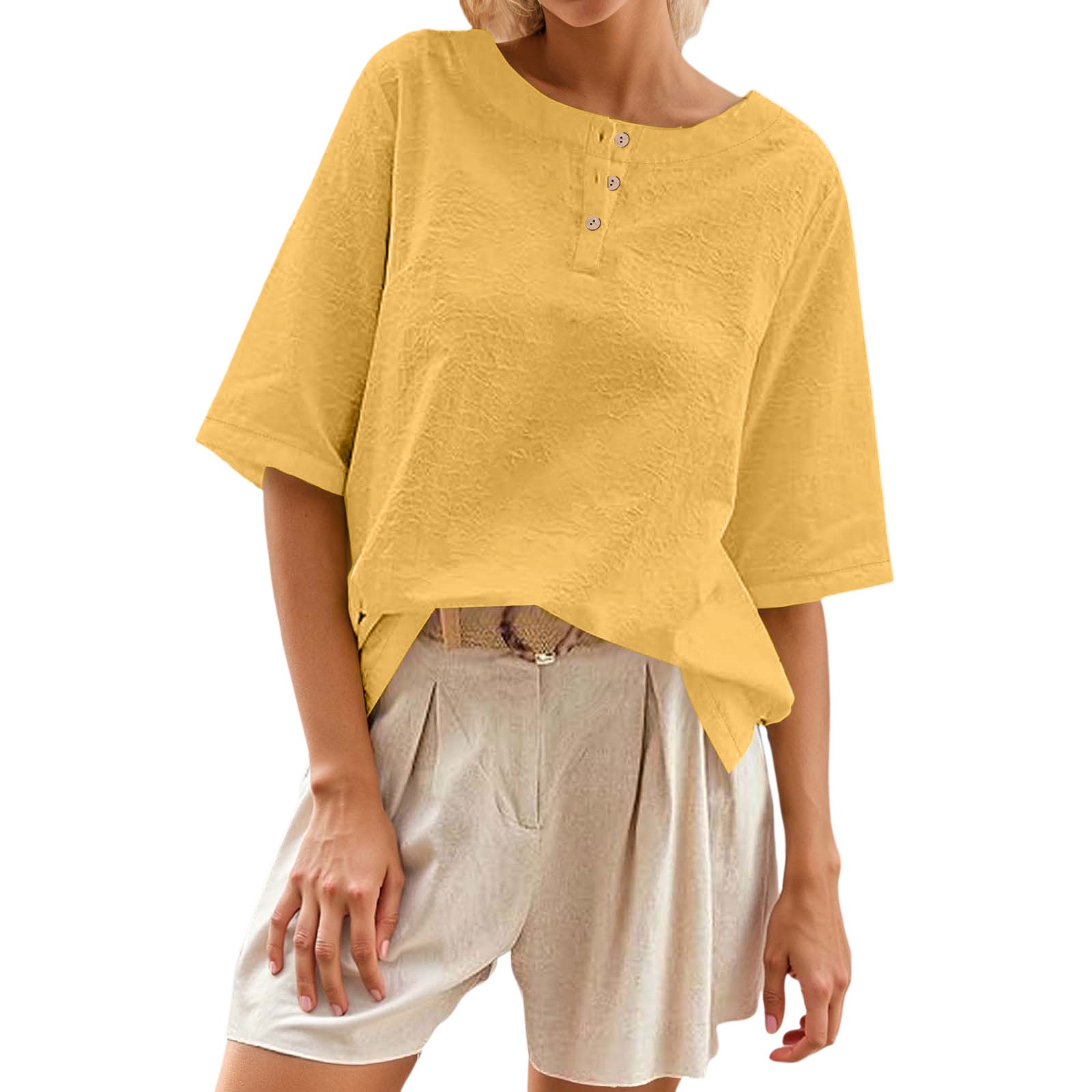 WEIYLL Women's T Shirts Classic With Button Detail Short Sleeve Spring Summer Yellow Tops Sizes M