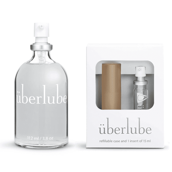 Uberlube Ensemble Maison et Voyage - Trousse de Lubrifiant de Voyage Bronze Or 15 ml + Bouteille 112 ml Lubrifiant en Silicone de Luxe