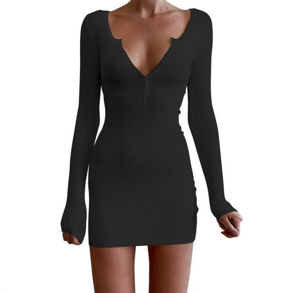 Women‘s V Neck Autumn Bandage Dress Full Sleeves Celebrity Bodycon Club Vestidos Evening Party Dresses Black S
