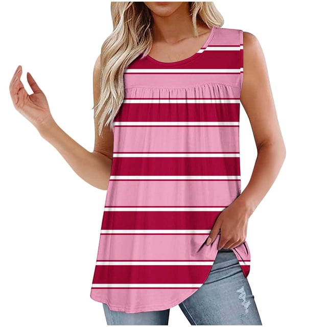 UPPADA Camisoles Mignonnes pour Femmes Tendance Col Rond à Fleurs Hauts d'Été Sans Manches Blouses Chic Décontracté Camisoles Graphiques Rose Vif,m