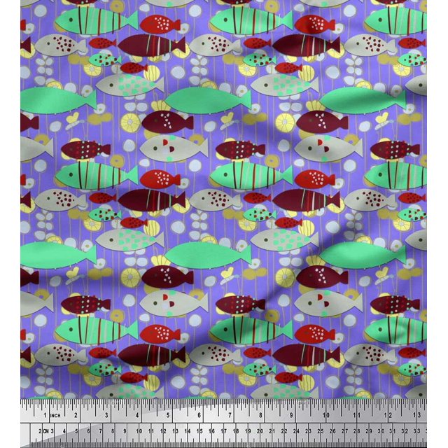 Soimoi Rayon Crepe Fabric Fish Cartoon Printed Craft Fabric by The Yard 46 Inch Wide