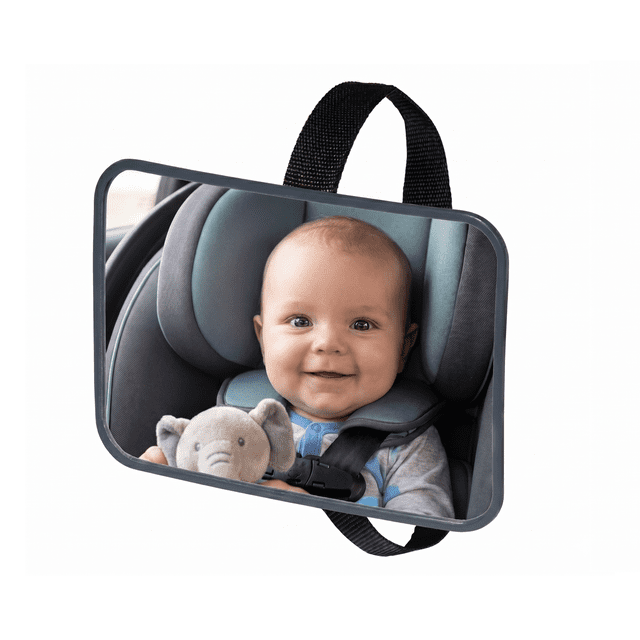Jolly Jumper Driver’s Baby Mirror | Proudly Canadian Company | Shatter-Resistant Convex Rear-Facing Car Seat Mirror | Adjustable Straps, Wide-Angle View. Centered convex rear-seat mirror with large rounded surface and matte frame; adjustable straps secured to a rear headrest, shatter-resistant viewing surface and wide-angle view to monitor a rear-facing baby without turning around.