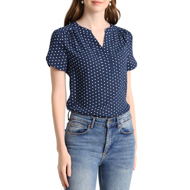 INSPIRE CHIC Blouse à Pois pour Femme Col en V Manches Courtes Haut de Bureau m Bleu Marine