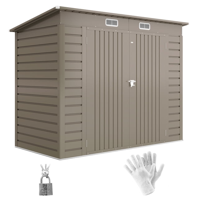 Outsunny 8 x 4FT Metal Garden Storage Shed in light grey with two ventilation slots and a latch-secured double door. Made of galvanized steel, it features a waterproof roof and measures 98 inches wide by 47.6 inches deep by 65.4-72 inches high. Includes gloves for installation and is suitable for storing garden tools, pool supplies, and lawn equipment.