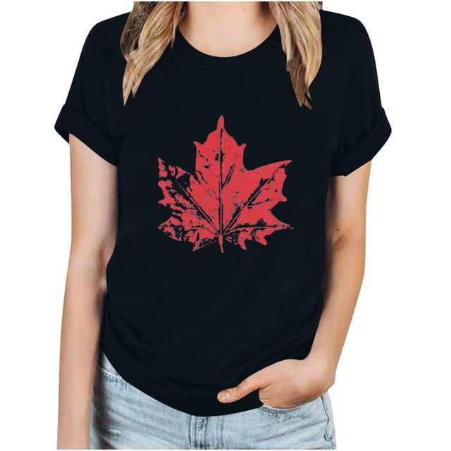 TopLLC Tenues du 4 Juillet pour Femmes Hauts d'Été pour Femmes, Hauts d'Été pour Femmes T-Shirt d'Été Basique à Manches Courtes Décontracté pour Femmes Blouse à Imprimé Feuille d'Érable de la Fête du Canada T-Shirt à Col Rond