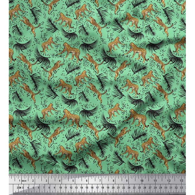 Soimoi Moss Georgette Fabric Leaves & Leopard Animal Printed Fabric 1 Yard 42 Inch Wide