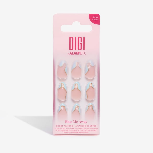 Digi by Glamnetic Blue Me Away Press-On Nails featuring short almond-shaped nails with baby blue abstract French tips, gold foil accents, and glossy finish in pink gradient packaging, including 24 nails and nail glue for secure wear.