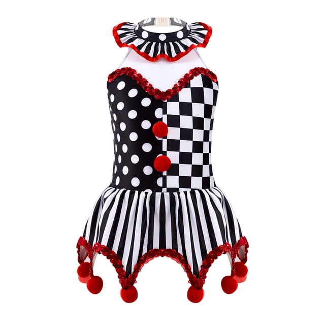 Oyolan Robe de Danse Ballet pour Filles, Justaucorps à Col Licou, Costume de Cosplay de Clown de Cirque d'Halloween Carnaval Noir&Rouge 12