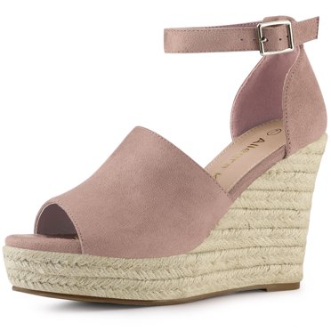 BLISSFUL STEP Chaussures pour Femmes Espadrilles à Talon Compensé à Bride à la Cheville à Bout Ouvert Sandales en Faux Suède Rose Poussière 7