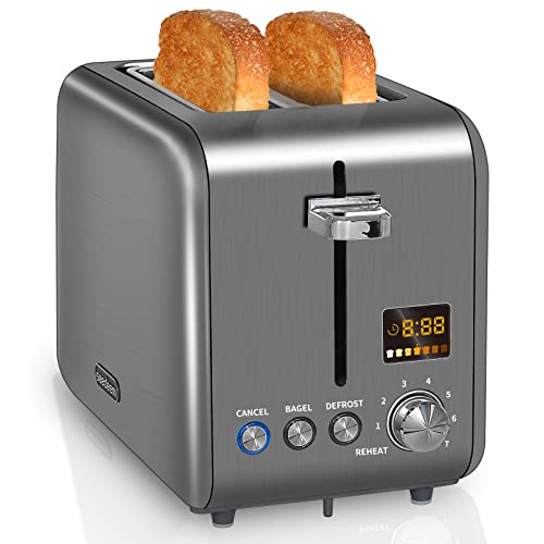 Grille-pain Seedeem à 2 tranches, grille-pain en acier inoxydable avec affichage LCD coloré, 7 réglages de brunissage, fentes extra larges de 1,4 po, grille-pain à bagel avec fonctions annulation/bagel/décongélation/réchauffage, Rem