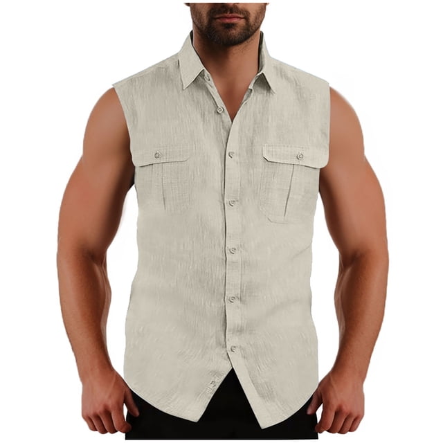 Diufon Mens Sleeveless Button Down Shirts Cotton Linen Summer Beach Vacation Basic Tank Shirts with Pockets