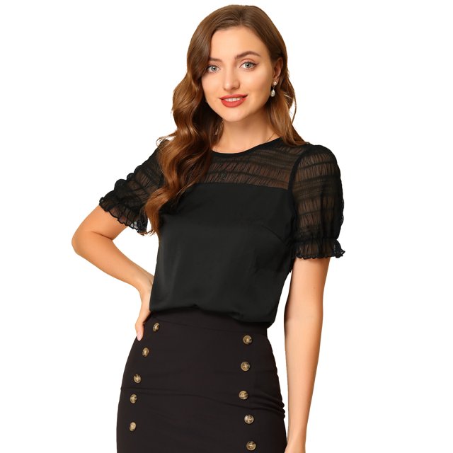 INSPIRE CHIC Women's Round Neck Lace Keyhole Back Puff Short Sleeve Tops Black M