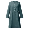 thumbnail image 4 of Daiosportswear Robe en Lin et Coton pour Femmes, Robe Chemise à Boutons à Manches Longues, Col Rond, Robe Habillée Décontractée Mini avec Robe Femme, Robes pour Femmes Bleu 2X-Grand (TTG), 4 of 5