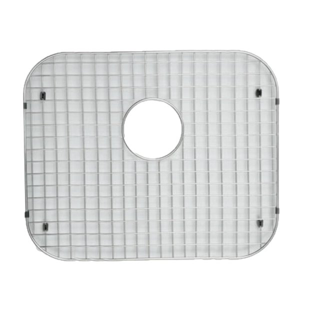 American Imaginations 22.75-in. W Kitchen Sink Grid AI-34843, rectangular stainless steel grid with chrome finish and black hardware, featuring a central circular cutout for drain access, designed for drop-in installation, measuring 22.75 by 16.75 inches, ideal for protecting sink surfaces and allowing water drainage, also suitable as a drying rack for delicate kitchenware.