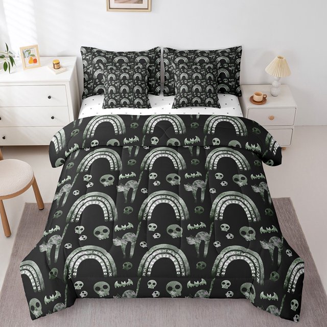YST 7Pcs Rainbow Skull Comforter Set, Gothic Skeleton Head Bed in a Bag, Polyester, Queen