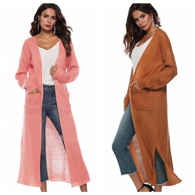 Women Floor Length Open Front Drape Cardigan Lightweight Long Sleeve Maxi Duster with Pockets Beige L