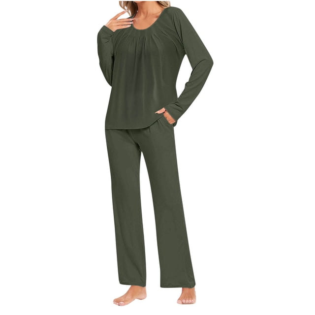Timegard Ensembles de Pyjamas pour Femmes Confortables, Haut à Manches Longues Froncé à Col Rond et Pantalon, Tenues de Pyjama Amples pour l'Automne