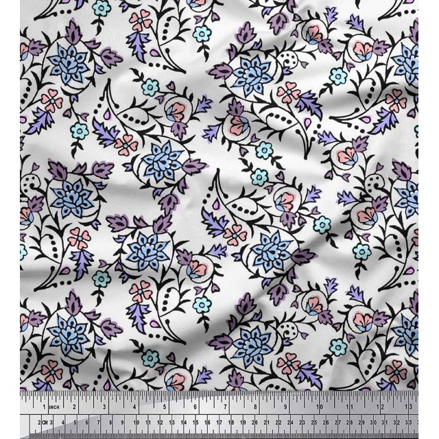 Soimoi Poly Georgette Fabric Leaves & Floral Block Print Sewing Fabric Yard 52 Inch Wide