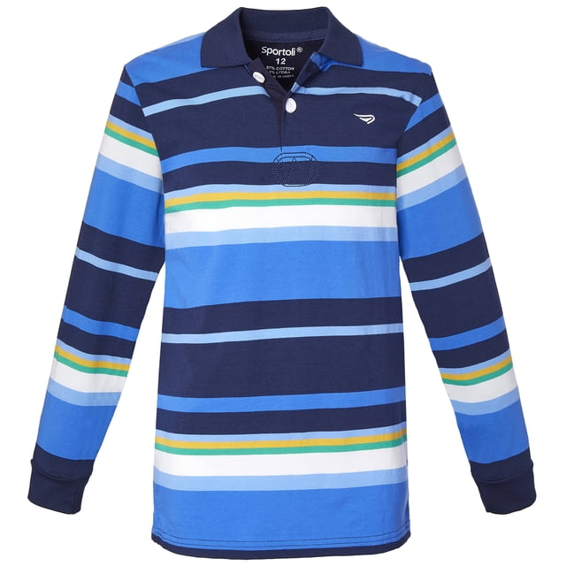 Sportoli Polo Rugby à Manches Longues en Coton à Larges Rayures pour Garçons - Rayures Bleues (Taille 12)