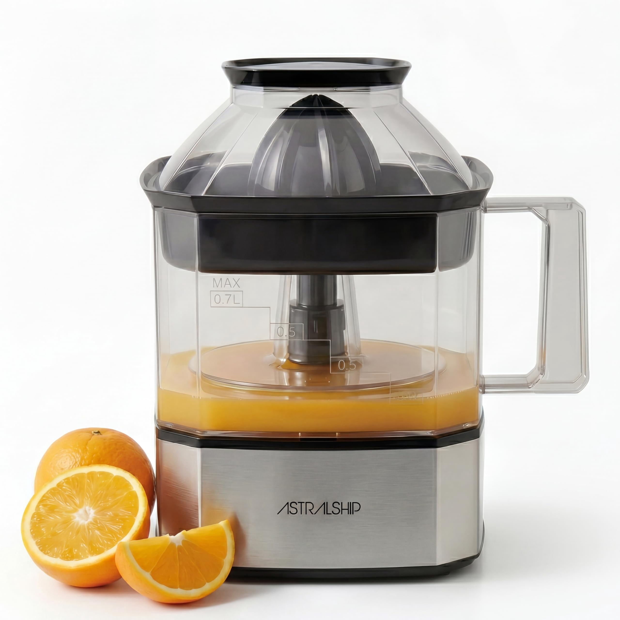 Astralship Citrus Juicer Machine Electric Orange & Lemon Squeezer with Stainless Steel Base, 24oz Pitcher, Pressure-Activated, 2 Cones & Pulp Filter for Orange, Lemon, G