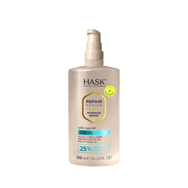 Repair Series Intensive Repair Hair Oil with Argan Oil by Hask, a beige 120 ml pump bottle with RepairPro complex, formulated for hair treatments to strengthen hair by 25% and deeply repair damage, leaving hair smooth and hydrated, also suitable for use on damp or dry hair.