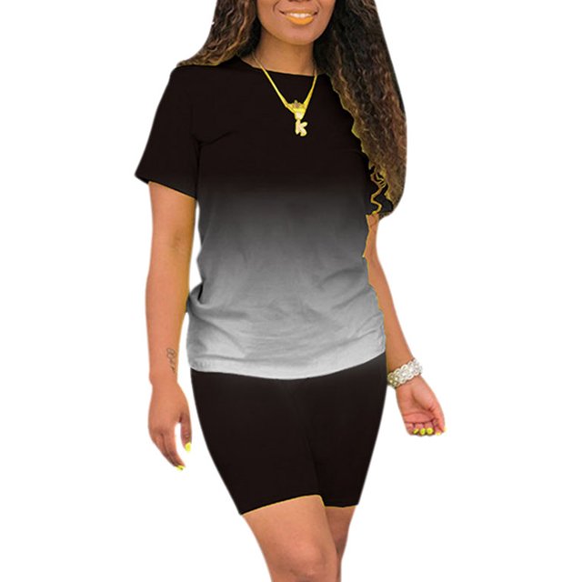 Innerwin Sweatsuits Solid Color Women Jogger Set Running Short Sleeve Loose Two Piece Outfit Black L
