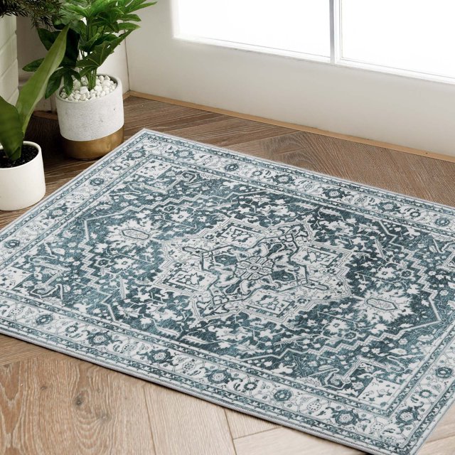 Rugking Doormat 2x3 Washable Persian Rug Indoor Entryway Vintage Rug Blue Area Rug Foldable Non Slip Low Pile Mat for Bathroom Kitchen Bedroom