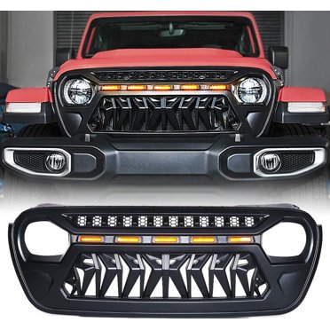 Tecman Front Grille Grid Grill with Amber LED Running Lights Compatible withJeep Wrangler JL JT 2018 2019 2020 and Up