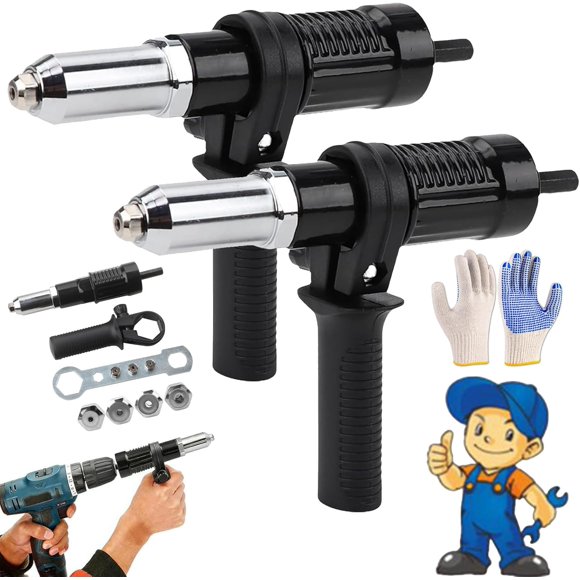 Kit d'Adaptateur de Pistolet à Rivets Électrique Professionnel, Adaptateur de Rivets pour Perceuse avec 4 Buses, Transforme les Perceuses en Bête à Rivets, pour Perceuse Sans Fil, Accessoires de Travail de Tôle DIY (2 Pcs)