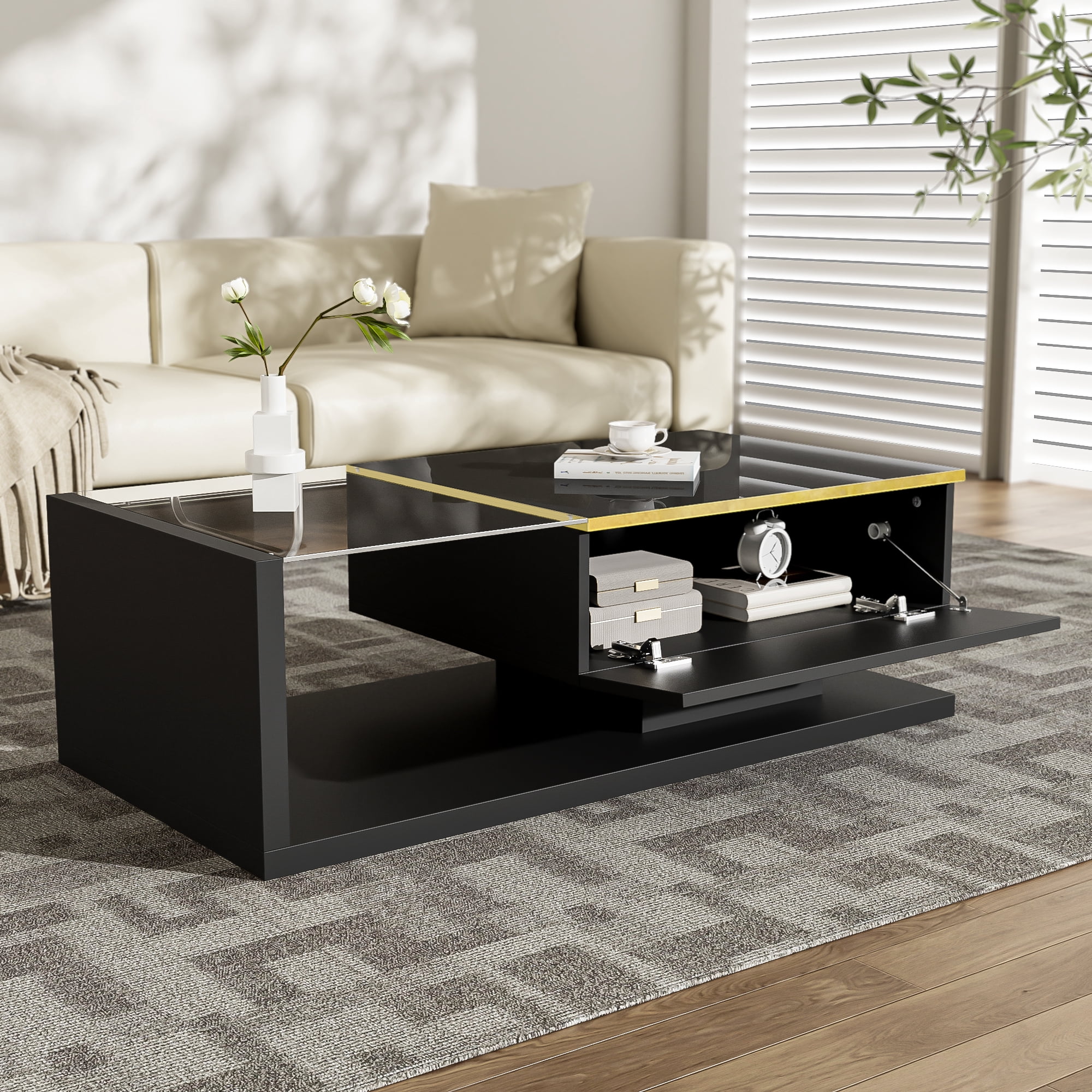 Noble House 39.4" High-Gloss Black Coffee Table, Tempered Glass with Dimmable LED, Storage Compartment & Open Shelves,Black