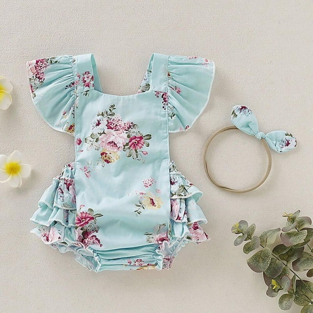 Baby Girls Floral Rompers Set Flare Sleeve Jumpsuit With Headband Summer