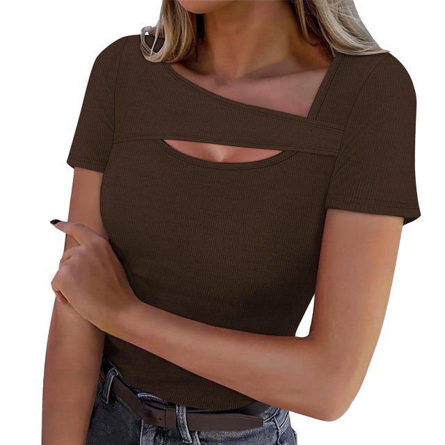 Lenpel T Shirts for Women Fashion Summer Short Sleeve Cutout Ribbed Knit Solid Color Slim Basic Tees Going out Tops