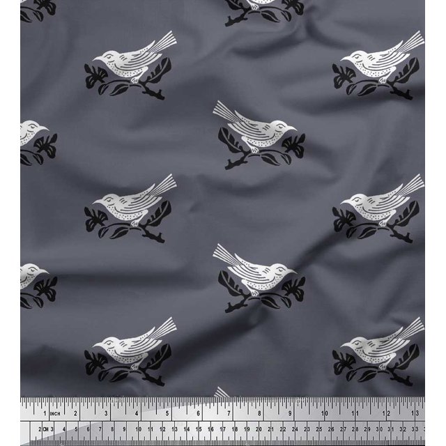 Soimoi Crepe Silk Fabric Branch & Bird Block Print Fabric by The Yard 42 Inch Wide