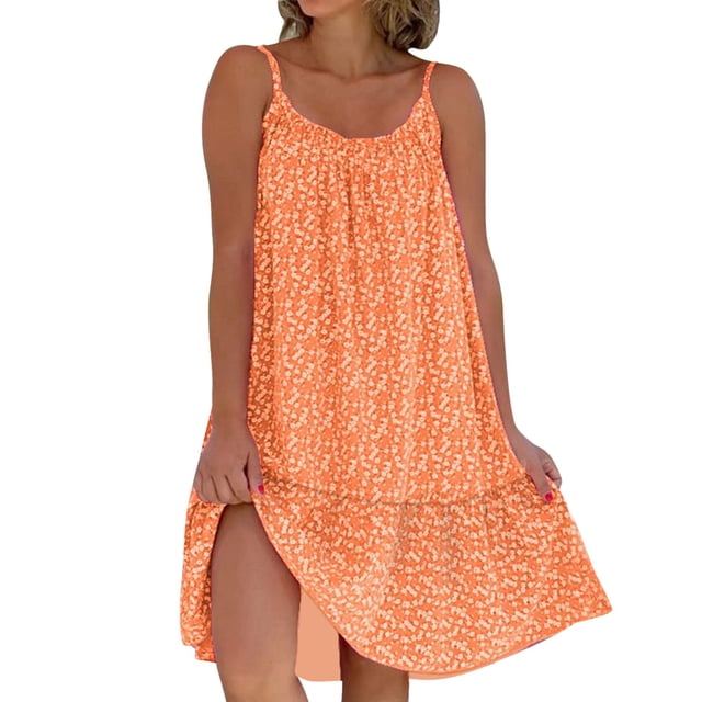 Kcodviy Robe pour Femmes Florale Longue Mignonne Robes pour Femmes Col Rond Ourlet à Volants Robe Ligne A Été Femmes Bretelles Spaghetti Sans Manches Courte Grande Taille Robes d'Été pour Femmes Robe Robe de Plage