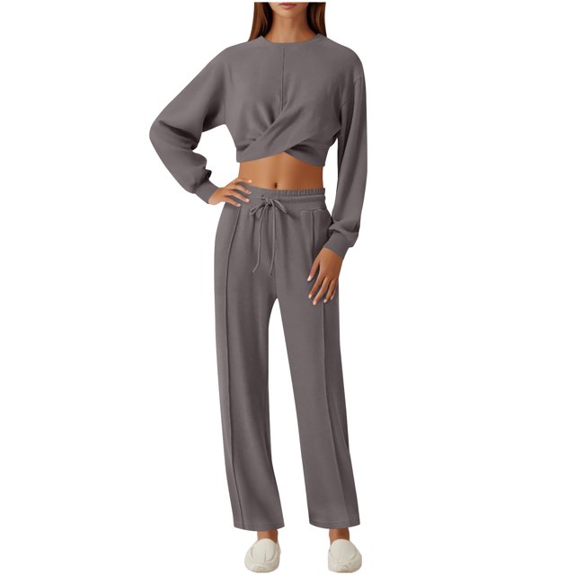 ShomPort Womens 2PC Matching Set Long Sleeve Crewneck Wrap T-Shirts Drawstring Elastic Waist Loose Pants Going Out Trendy Set