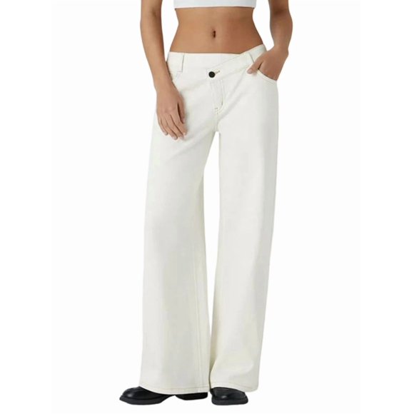 Jean en Denim pour Femmes à Taille Haute avec Poches à Jambe Grand Blanc Crème TP